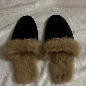 Black Mules with Tan Fur Trim and Gold Hardware